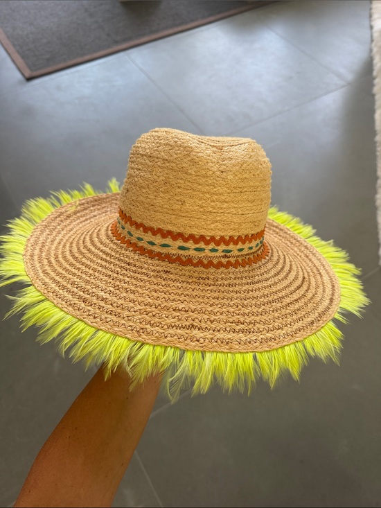 Lola Hats Accessories - Lola Hats Straw Fedora Hat with Neon Yellow Feather Trim